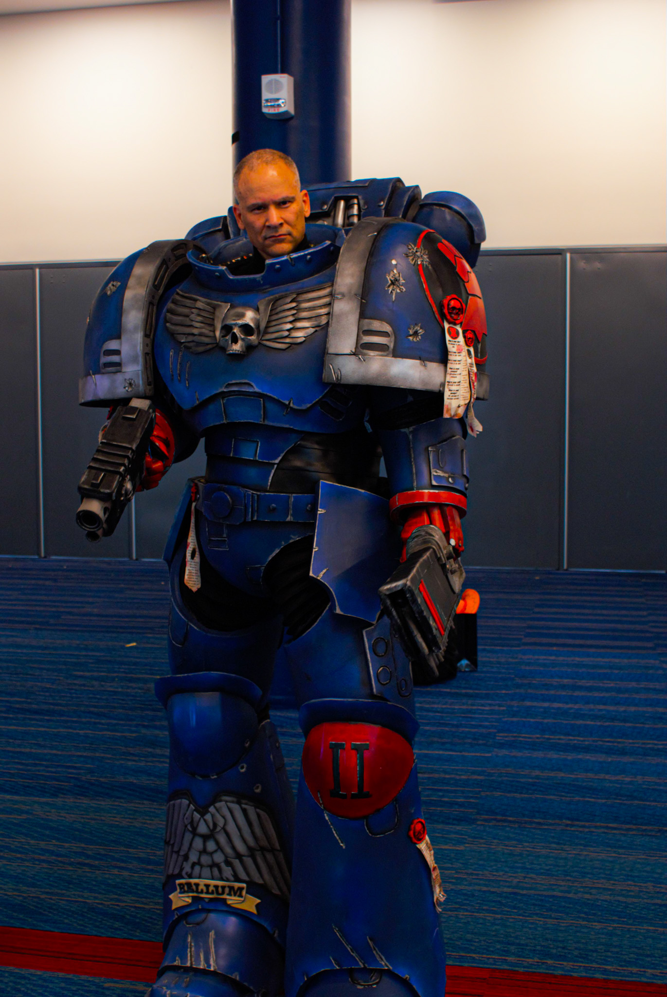 Will Ellis is cosplaying as a Crimson Fist space marine from the sci-fi series Warhammer 40k. This was his third year here at Comicpalooza, the cosplay took Will two months to create, and he had to work on it after work seven days a week. Photo By reporter Adan Martinez.