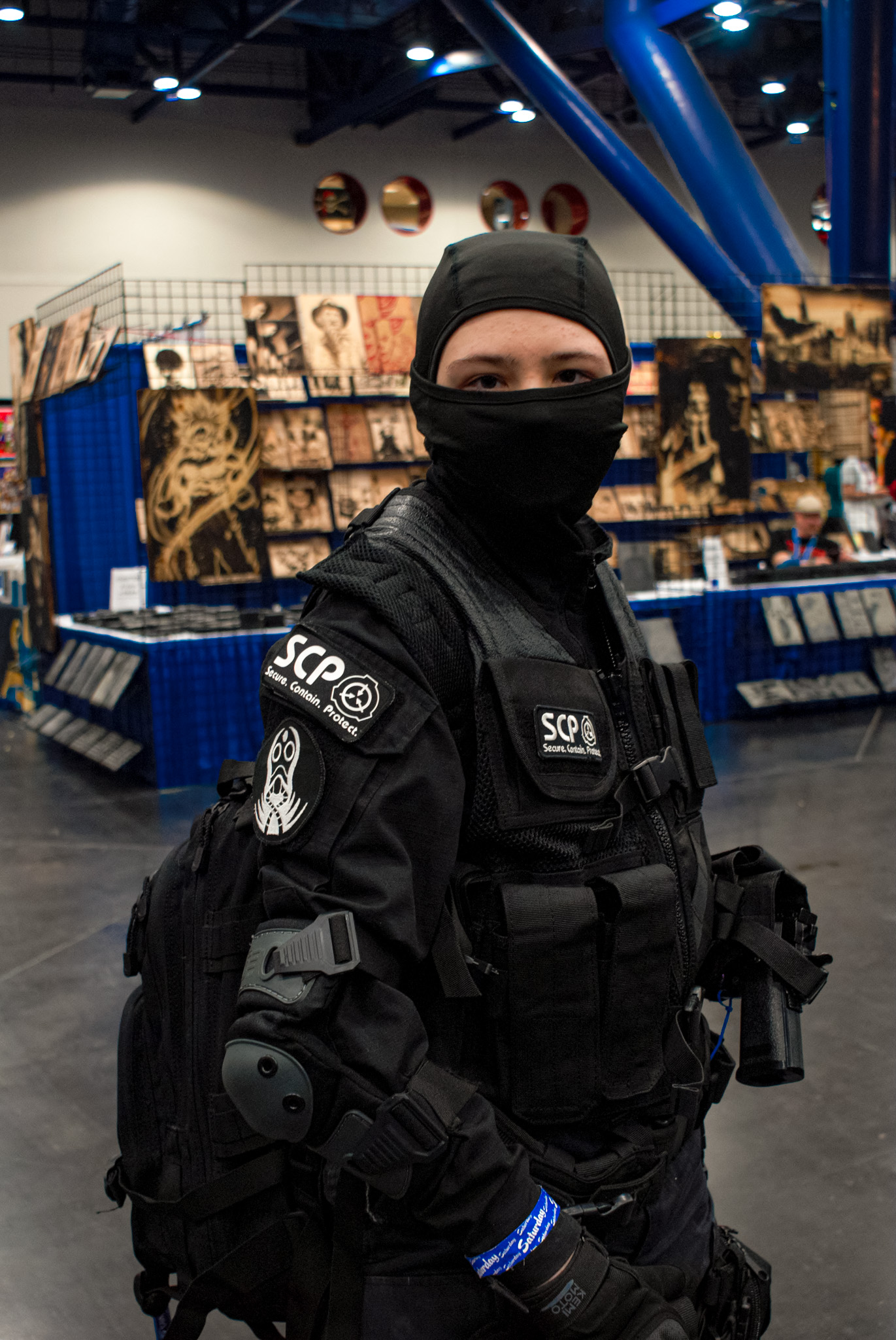 Chris is cosplaying as a member of the mobile task force Zeta-9 (Mole Rats) from the online wiki SCP foundation. This was Chris second year coming to Comicpalooza, he told this cosplay took him two months to make and the harder parts to come by were the vest. Photo by reporter Adan Martinez.