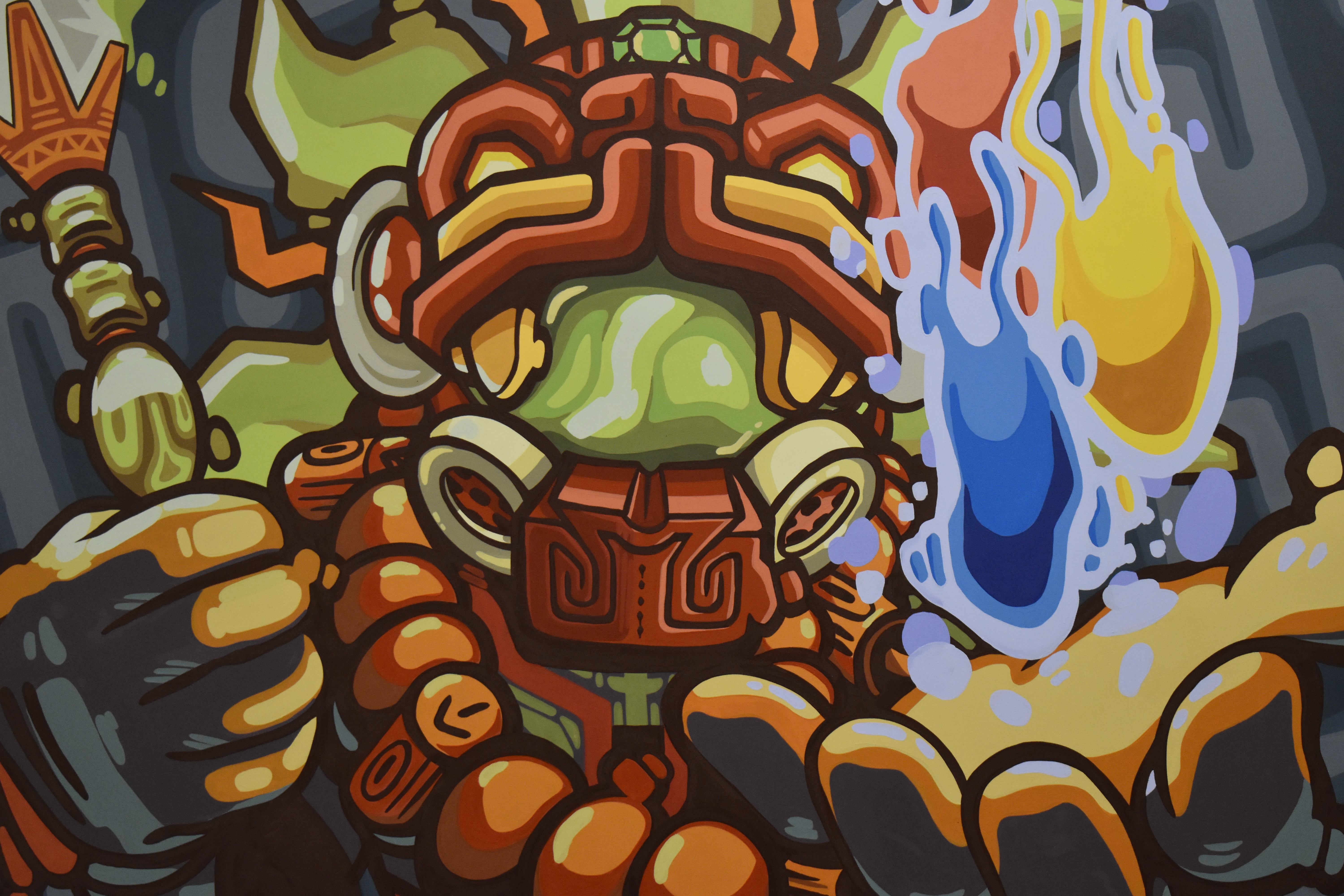 A painting of an astronaut in a Mesoamerican style by Jake Messa.